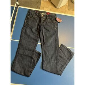 Y2K‎ Chick Nicky Hilton Jeans Size 26 Dark Blue Denim Jeans NWT Grunge Patches
